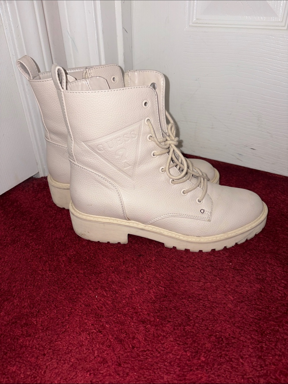 GUESS Cream Lace-Up Combat Boots with Chunky Sole